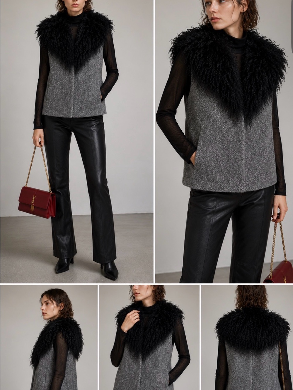P Rossa Real leather and shearling collar Wool Gray vest